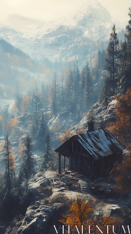 Mountain cabin stands on rocky slope beneath snow-covered peaks