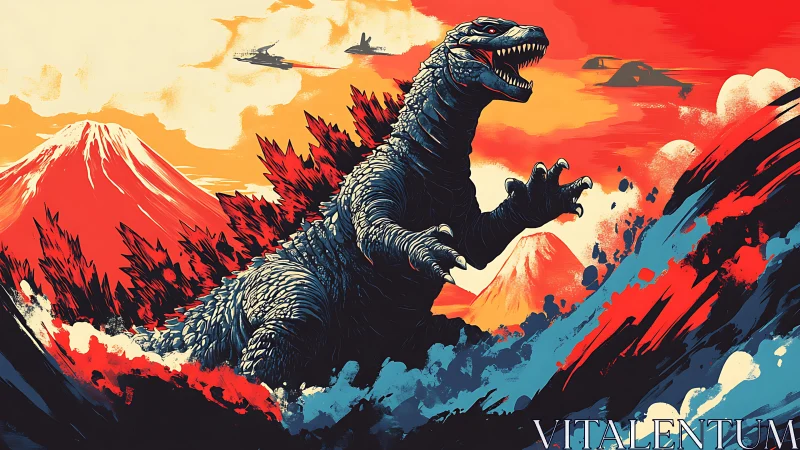 Volcanic dusk roars as a colossal kaiju shreds the skyline.