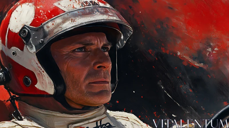 Focused race driver stares ahead through swirling red speed