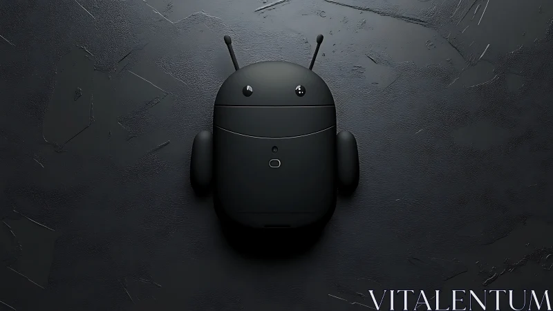 Black android robot figure on textured dark surface background.
