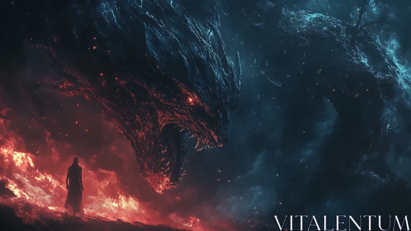 Human figure before colossal fiery dragon in dark void.