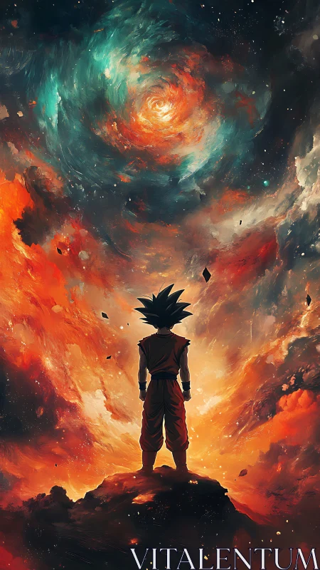 Silhouetted warrior studies spiral nebula in incandescent cosmos