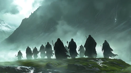 Hooded silhouettes crossing misty emerald highland plateau.