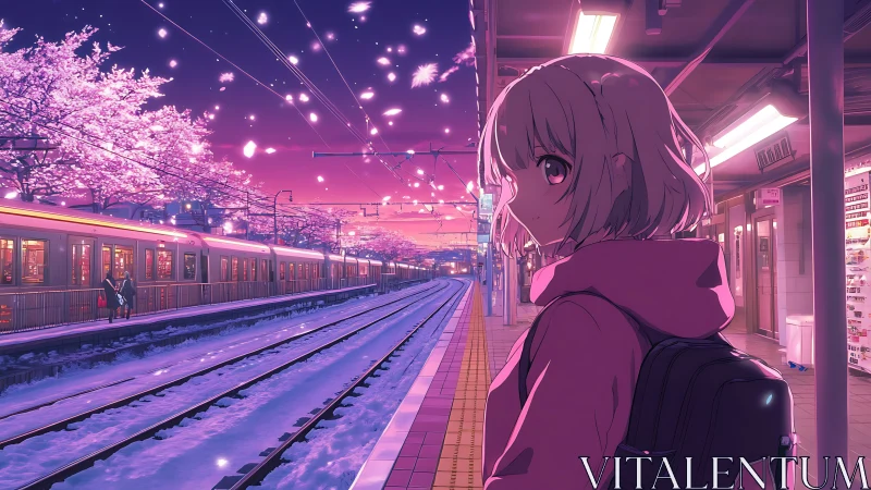 Twilight anime station scene with sakura and vanishing tracks.