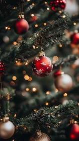 Red and gold baubles hang on a lit Christmas tree branch
