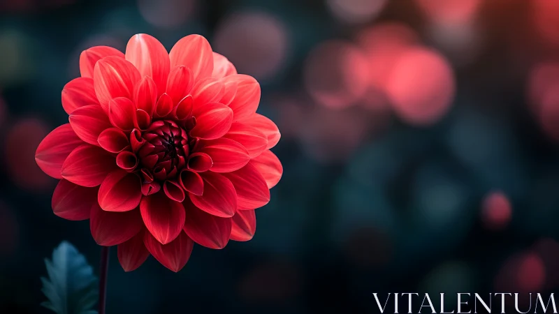 Crimson Dahlia in Soft Focus Against Twilight Background.