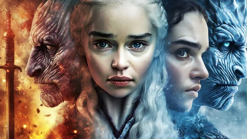 Fantasy hero portraits split by fire and ice sides. Period.