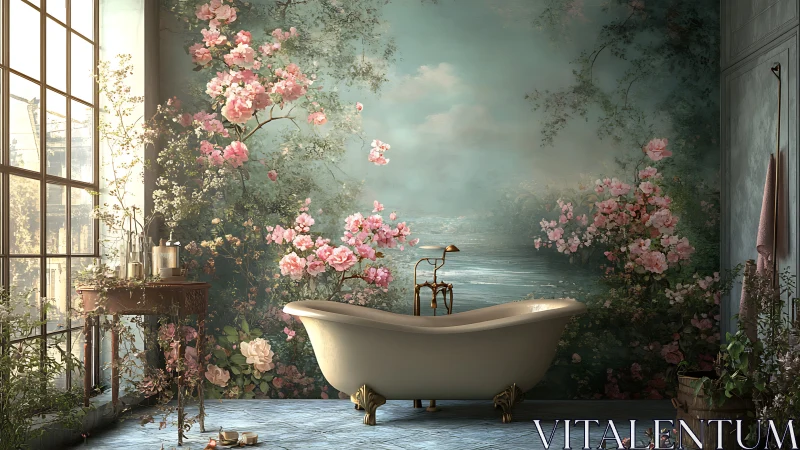 Romantic floral bathroom with clawfoot tub and mural backdrop.