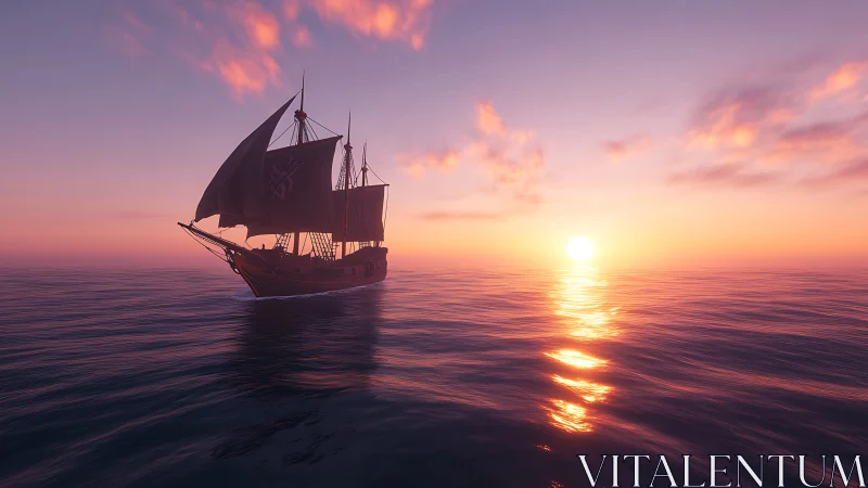 Sailing ship crosses tranquil ocean toward vivid sunset glow