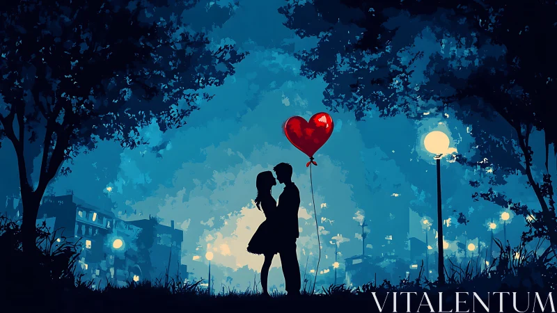 Midnight Romance: Silhouette Couple with Heart Balloon.