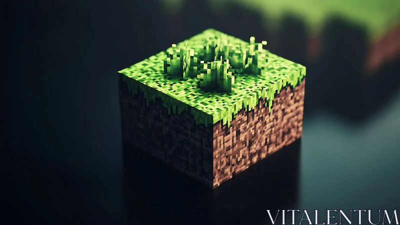 Voxel grass terrain cube rendered with cinematic 3D lighting