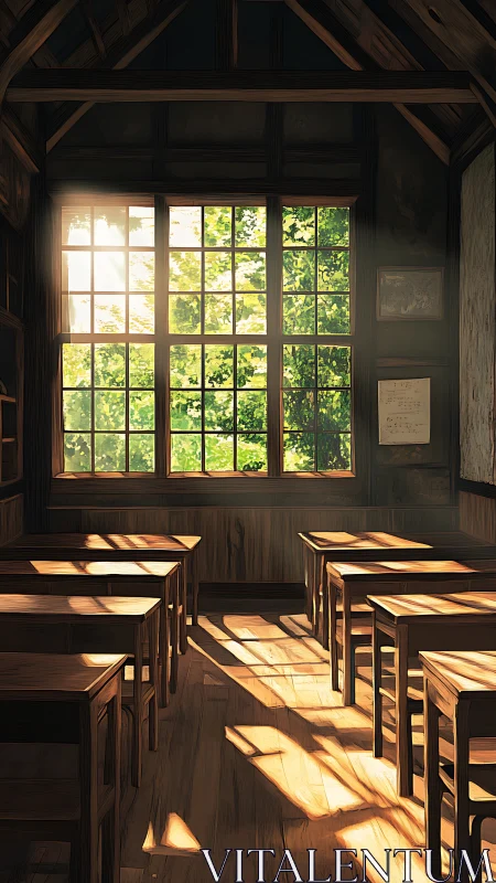 Sunlit wooden classroom interior with large grid window.