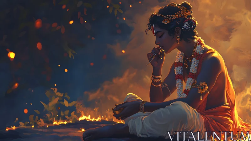 Divine musician sits in glowing firelit forest twilight.