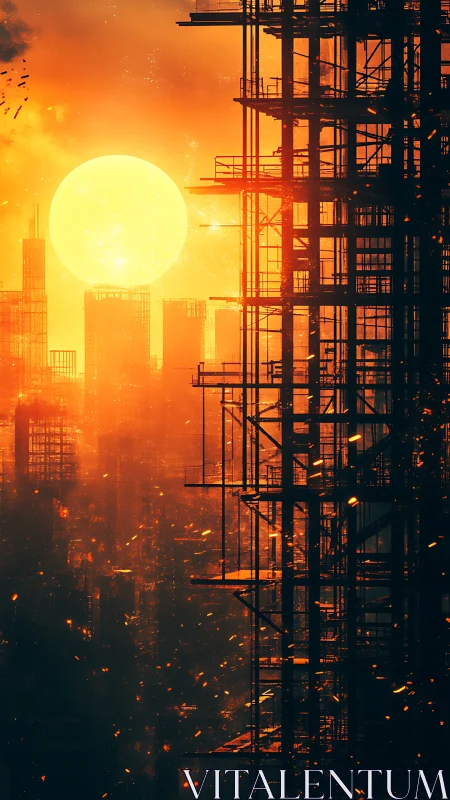 Solar-engulfed megastructure lattice in incendiary skyline.
