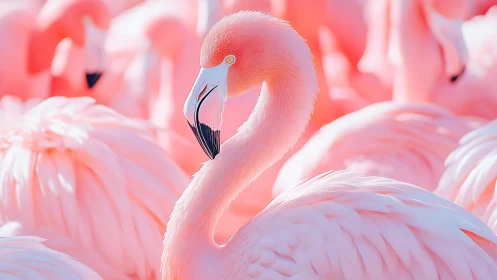High-key telephoto portrait of Caribbean flamingo plumage