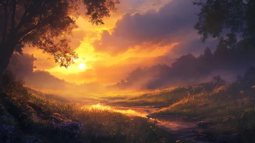 Luminous river valley sunset with golden atmospheric haze.