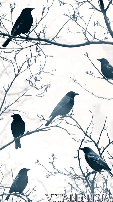 Birds Perched in Bare Branches Dance with Winter's Quiet Solitude