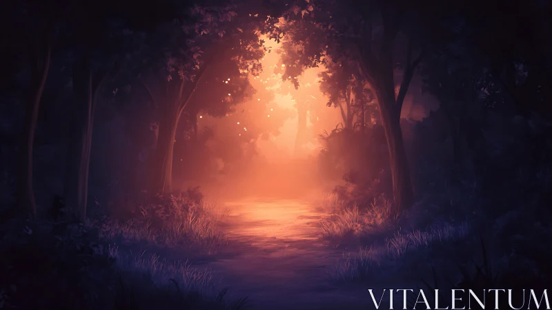 Forest pathway with glowing orange light breaking through canopy