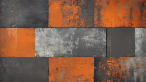 Industrial abstract wall with orange, gray, and black distressed blocks.