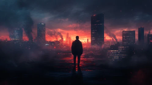 Lone wanderer watches a burning neon skyline at duskfall.