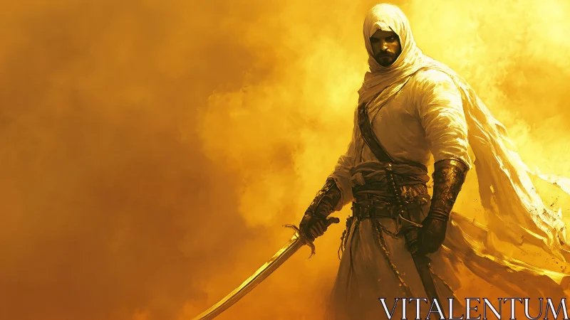 Digital painting of desert warrior in golden sandstorm field.