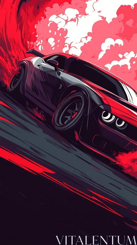 Sports coupe drifts through stylized neon red vortex field.