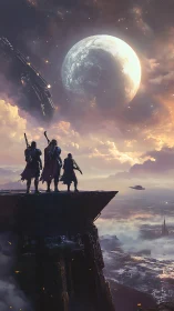 Three armored figures stand on a cliff above a sci fi city