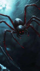 Giant red-eyed spider hangs in blue-lit webbed darkness