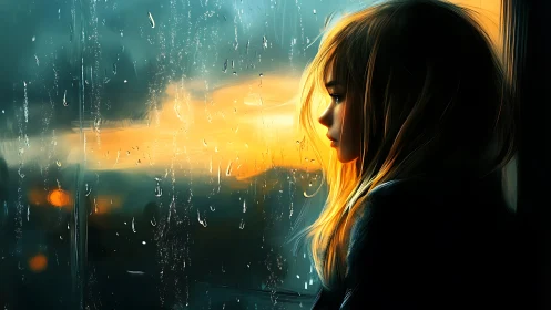 Rainlit girl gazes through sunset glass in quiet reverie.