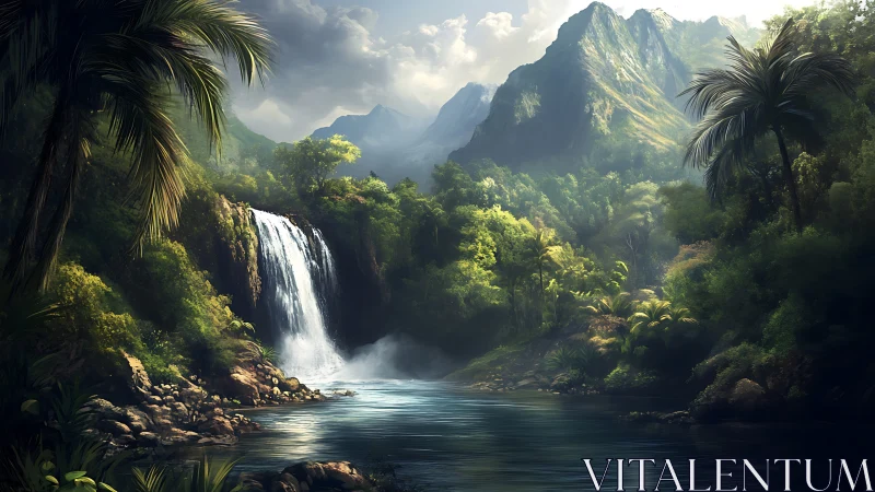 Tropical river, waterfall, and mountain landscape scene.
