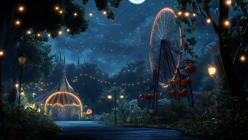 Moonlit ferris wheel glows above quiet forest carnival