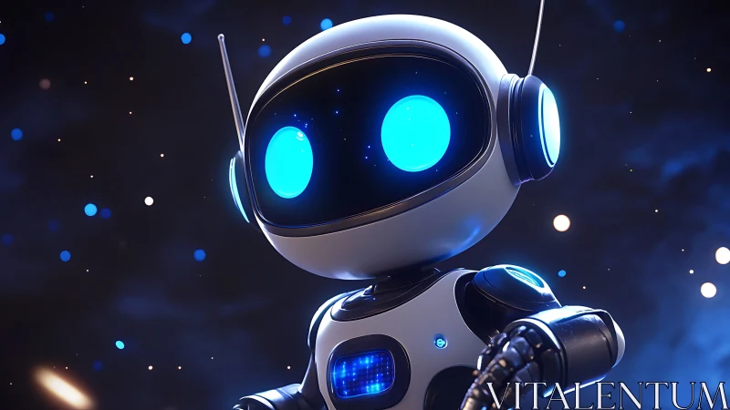 Luminous micro-robot observer with emissive optics in space.