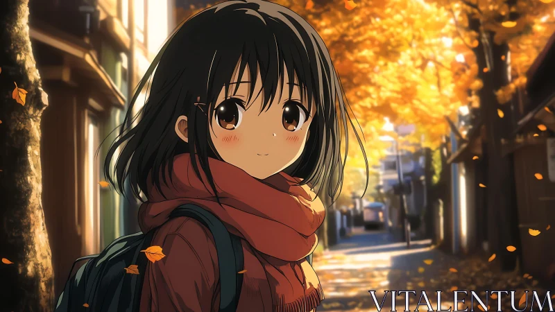 Anime schoolgirl in autumn alley with warm golden bokeh.