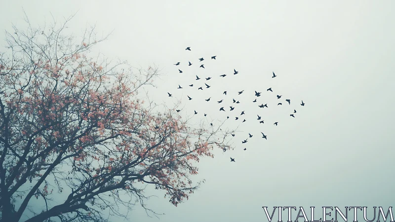 Flock of Birds Flying from Blossom Tree in Minimalist Style.