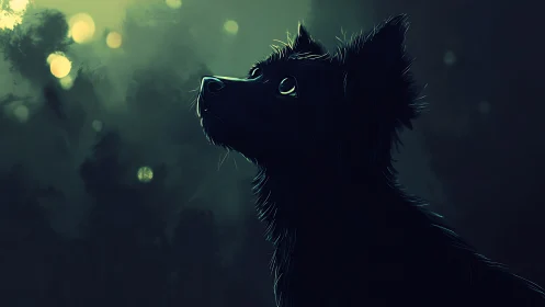 Soft night dog beneath glowing forest firefly lights.