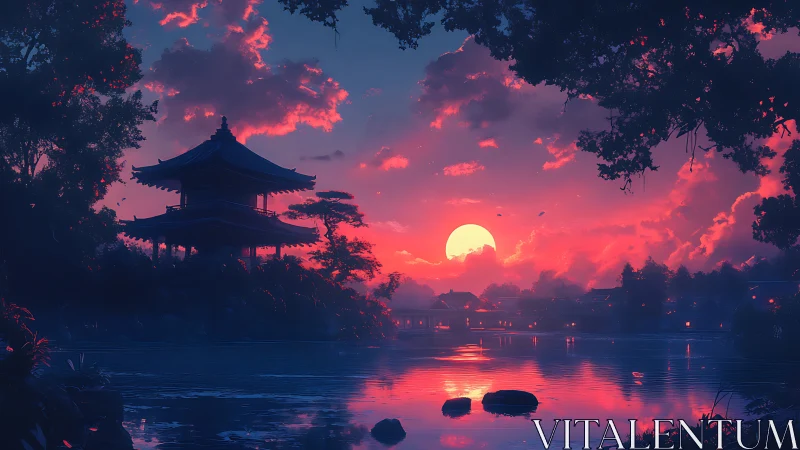 Serene lakeside temple glowing beneath a dreamy sunset sky.