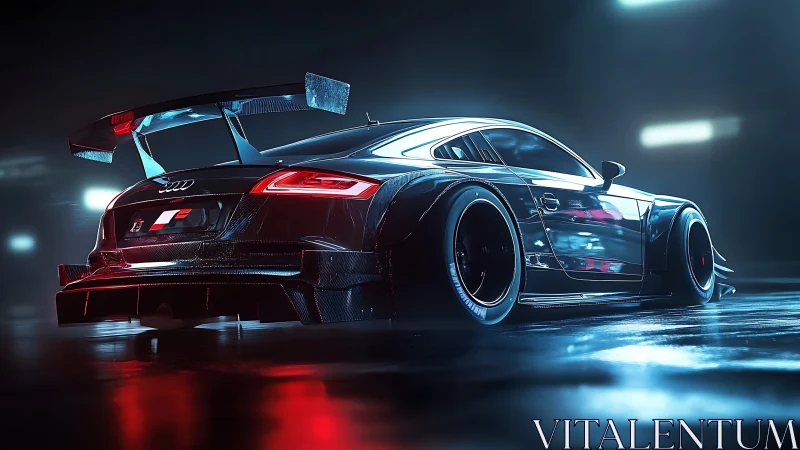 Widebody Audi race car rendered in neon-lit studio environment