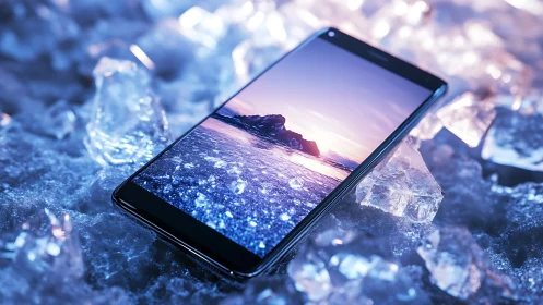 Smartphone on ice bed emphasizes reflective glass and thermal risk
