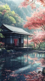 Digital painting of tranquil lakeside Japanese pavilion in spring.