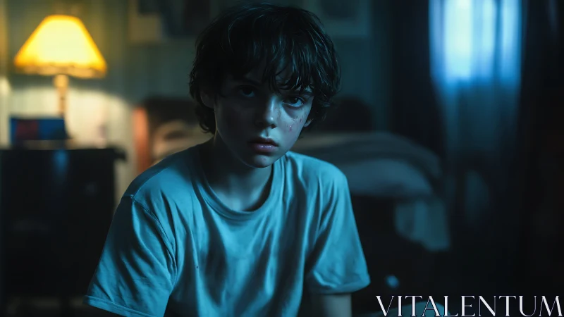 Cinematic low key portrait of pensive boy in blue lamplit room