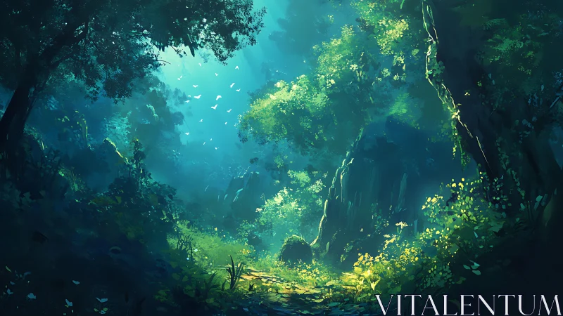 Submerged Cavern with Luminous Flora and Swimming Fauna.