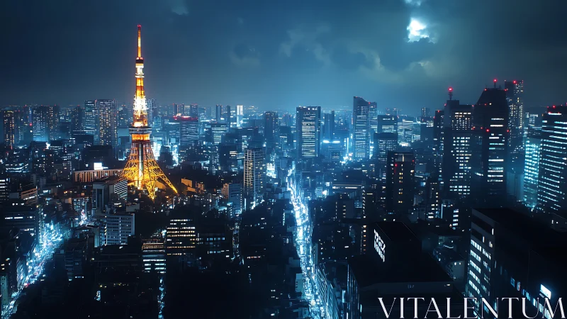 Tokyo tower glows over neon-soaked night skyline panorama.