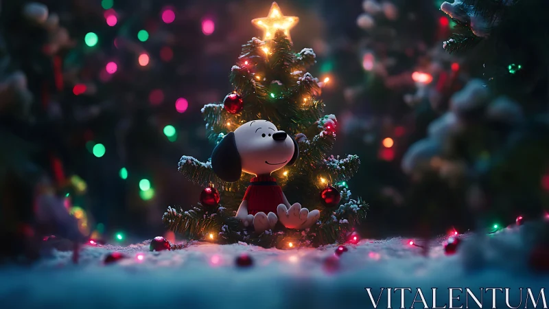 Canine figurine under micro-lit Christmas spruce canopy.