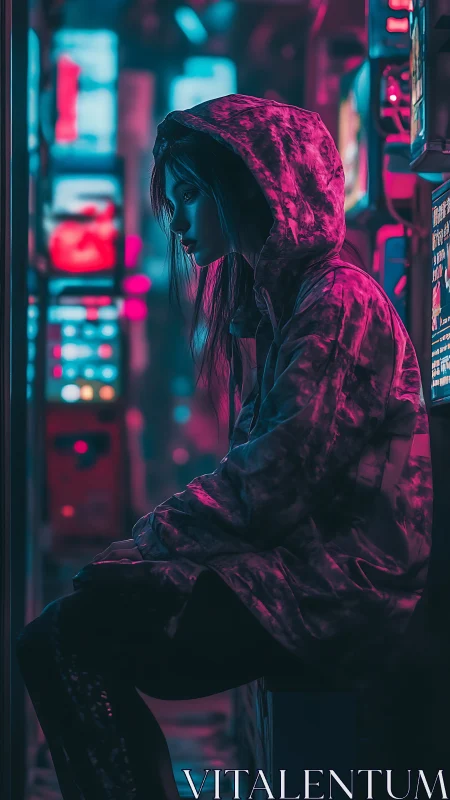 Neon hooded loner resting in glitch-lit cyber arcade hush.