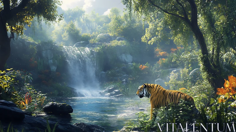 Tiger stands beside jungle pool under bright forest waterfall