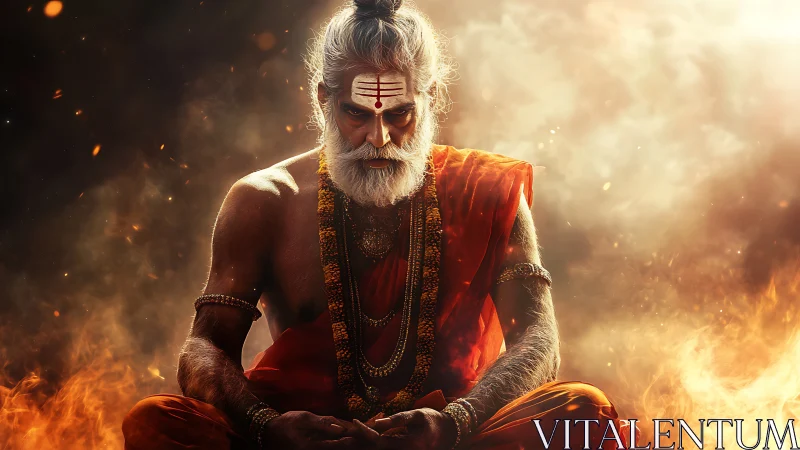 Intense holy man in orange robes surrounded by fire.