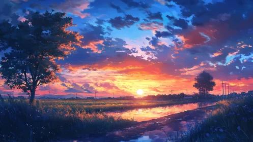 Sunset river stitches neon clouds to quiet country fields