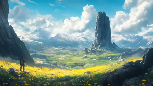 Solitary traveler surveys monolithic spire in vast valley.