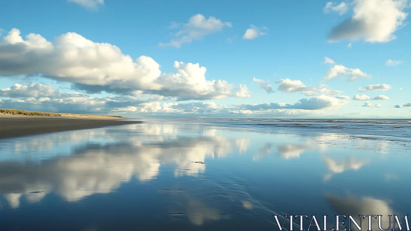 Calm tidal flats reflect soft clouds under clear coastal sky
