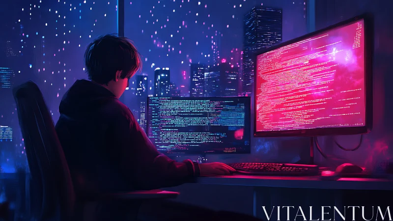 Late-night coder glowing in neon city office window light.